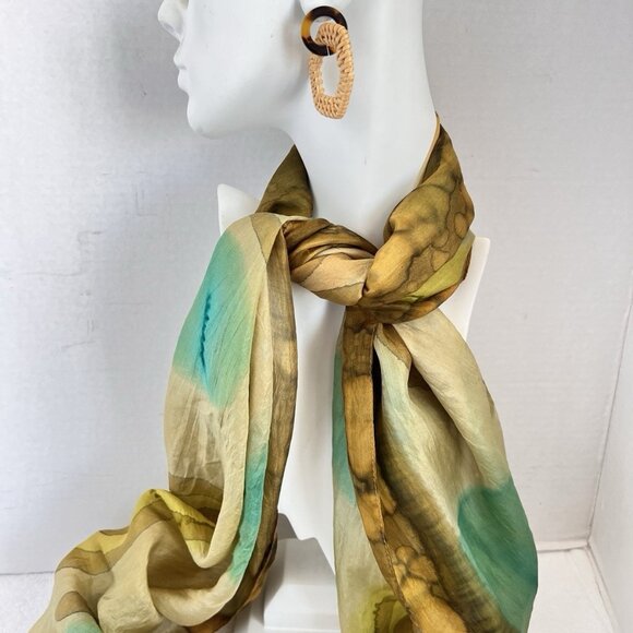 Hand Dyed Scarf Green Ombre Abstract Silk Rayon 70s Batik Vibe - Picture 6 of 9